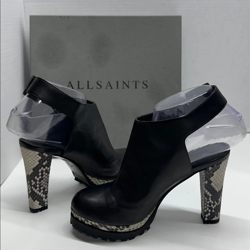 All Saints Slingback Sarris Heeled Ankle Boots Leather Bootie Black Size 5.5